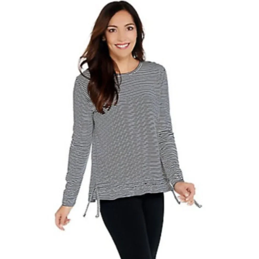 Women's Plus Cozy Knit Striped Top w/ Drawcord Hem - Picture 1 of 4